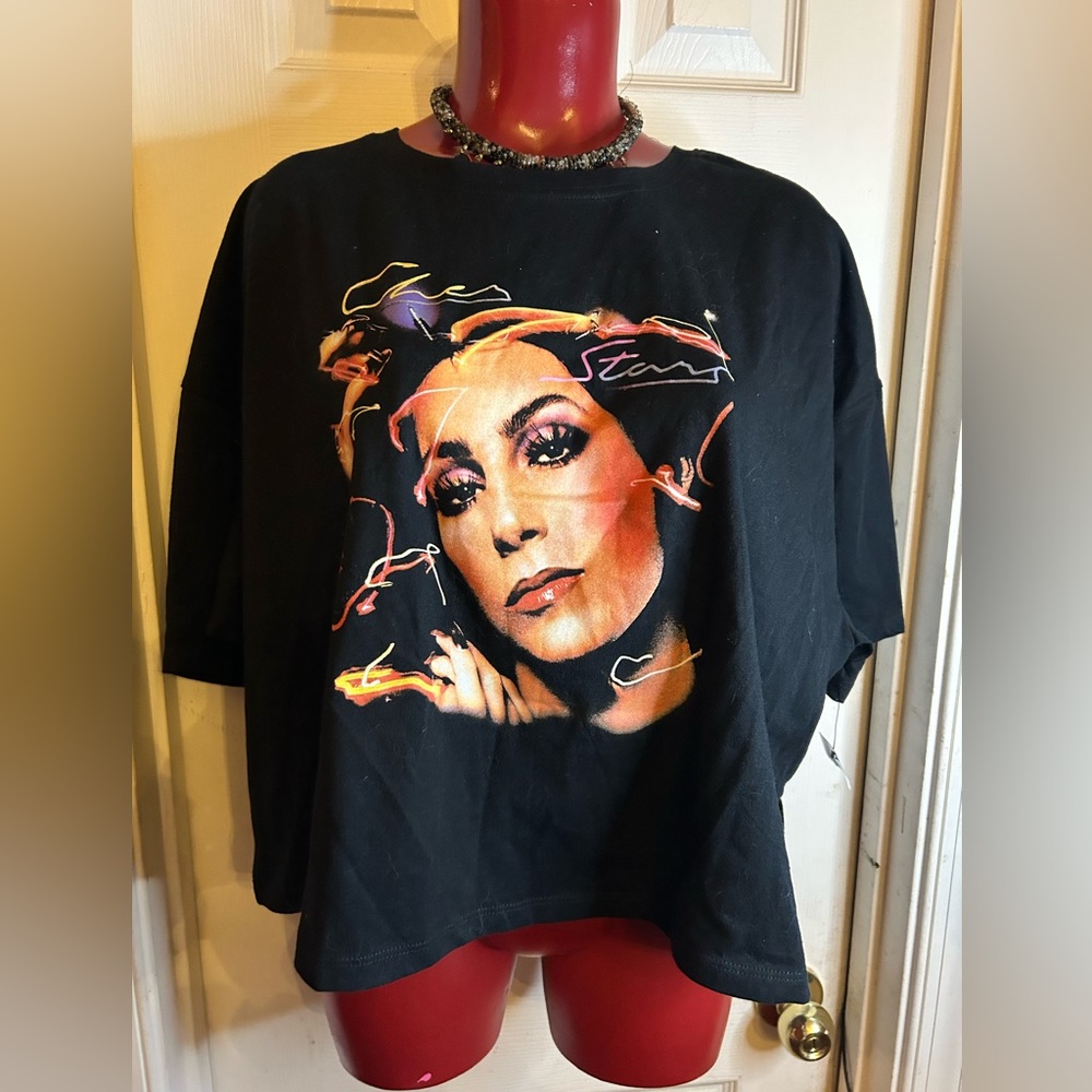NEW CHER BLACK WOMEN'S CROP TOP T-SHIRT SIZE XXL PETITE- Short-sleeve